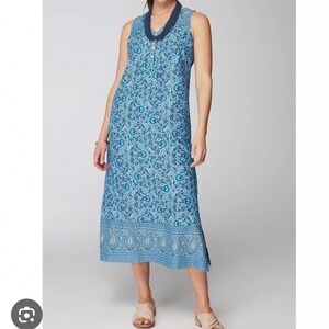 Pure Jill XL Waist-Seamed Blue Floral Paisley Sleeveless Cotton Midi Maxi Dress
